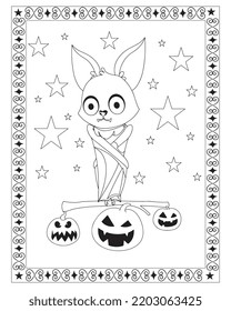 Halloween Bat Coloring Pages for kids. Black and white vector illustration. Happy Halloween. Vector illustration of a coloring on a Halloween. Halloween background cemetery.