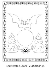 Halloween Bat Coloring Pages for kids. Black and white vector illustration. Happy Halloween. Vector illustration of a coloring on a Halloween. Halloween background cemetery.