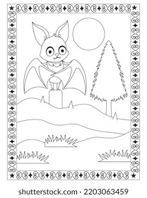 Halloween Bat Coloring Pages for kids. Black and white vector illustration. Happy Halloween. Vector illustration of a coloring on a Halloween. Halloween background cemetery.