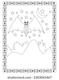 Halloween Bat Coloring Pages for kids. Black and white vector illustration. Happy Halloween. Vector illustration of a coloring on a Halloween. Halloween background cemetery.