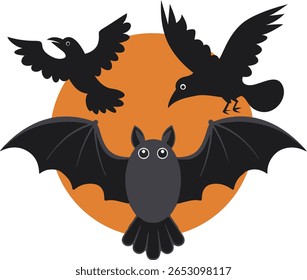 Halloween, Halloween Bat Crows Night Flight Illustration
