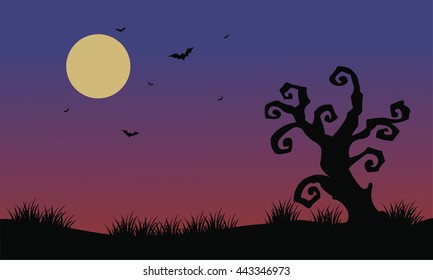 Halloween bat and dry tree scenery illustration vector