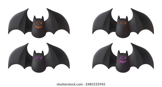 Halloween bat evil 3d character. Phantom black night pet with realistic wings. Plasticine poltergeist spirit fly as midnight beast. Abstract mascot with demonic eyes. Angry scream of vampire demon