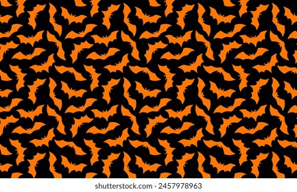 Halloween Bat patrón plano fondo Horizontal. Vector Feliz Halloween estampado con la silueta del murciélago naranja volador sobre fondo negro. Para envolver, tela, decoración de vacaciones, textil, Fondos de pantalla