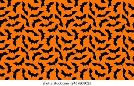 Halloween Bat patrón plano fondo Horizontal. Vector Feliz Halloween con la silueta del murciélago negro volador sobre fondo naranja. Para envoltura, tela, decoración de vacaciones, textil, Fondos de pantalla.