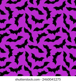 Halloween Bat patrón plano sin fisuras. Vector Feliz Halloween con la silueta del murciélago negro volador sobre fondo violeta. Para envolver, tela, decoración de vacaciones, textil, Fondos de pantalla