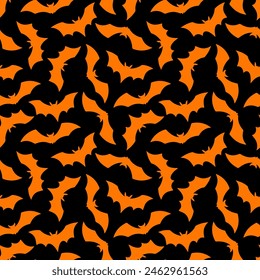 Halloween Bat flat seamless pattern. Vector black and orange Happy Halloween print with flying bat silhouette. For wrapping, fabric, holiday decoration, textile, wallpapers, background.