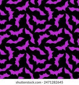 Halloween Bat flat seamless pattern. Vector Happy Halloween print with flying violet bat silhouette on black background. For wrapping, fabric, holiday decoration, textile, wallpapers