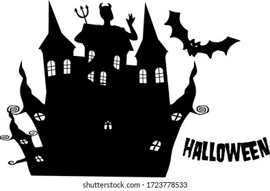 halloween bat flying castle in night on white . vector design 