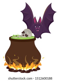 halloween bat flying with cauldron vector illustration design