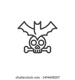 Halloween bat and human skull line icon. linear style sign for mobile concept and web design. Flying bat with skull outline vector icon. Symbol, logo illustration. Vector graphics
