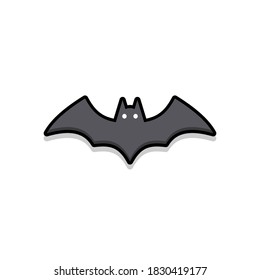Halloween bat icon with glowing eyes, Halloween holiday. Black stroke and shadow design. Isolated icon. Flat style vector illustration.