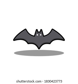 Halloween bat icon with glowing eyes, Halloween holiday. Black stroke and shadow design. Isolated icon. Flat style vector illustration.
