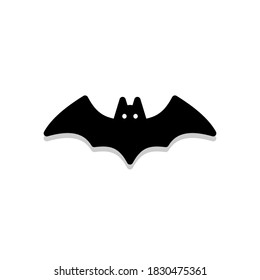 Halloween bat icon with glowing eyes, Halloween holiday. Black stroke and shadow design. Isolated icon. Flat style vector illustration.