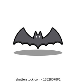 Halloween bat icon with glowing eyes, Halloween holiday. Black stroke and shadow design. Isolated icon. Flat style vector illustration.