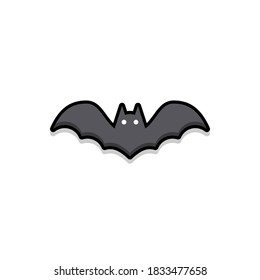 Halloween bat icon with glowing eyes, Halloween holiday. Black stroke and shadow design. Isolated icon. Flat style vector illustration.