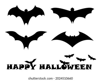 Halloween bat icon set. Black bat with happy halloween slogan vector illustration. 