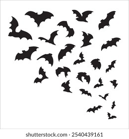 Halloween bat isolated on white background. Bats flying upward from afar, a growing flock of bats. Simple black contour bats for horror night holiday. For label, card, banner, ad