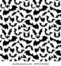 Halloween bat monochrome seamless pattern. Autumn season wallpaper print, textile Halloween vector creepy pattern or wrapping paper spooky backdrop with scary flying bats monsters black silhouettes