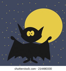 Halloween Bat With Moon on Night Sky Background. Cartoon Vector Illustration