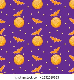 Halloween bat and moon seamless pattern background, vector.