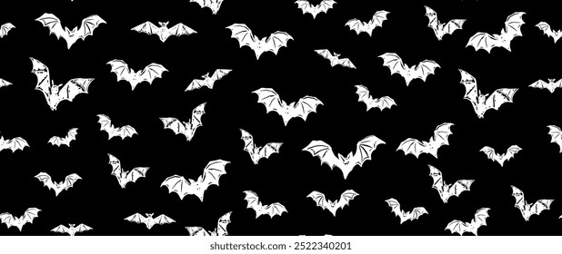 Halloween, bat on black background, hand drawn pattern.	