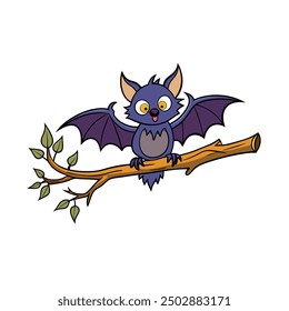 Halloween Bat on Tree Branch Vector Illustration - Cartoon Clipart and Line Art Design