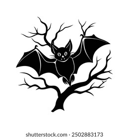 Halloween Bat on Tree Branch Vector Illustration - Cartoon Clipart and Line Art Design