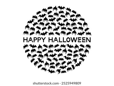 Halloween vleermuis patroon cirkelvormig pictogram. Vectorillustratie. Vrolijke Halloween decoratieve belettering in het midden. Zwart icoon op witte achtergrond.
