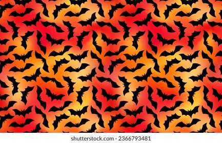 Halloween Bat pattern horizontal background. Vector Happy Halloween print with flying black bat silhouette on gradient orange background. Holiday decoration, wallpaper.