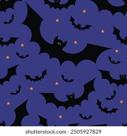 Halloween bat pattern on purple isolated background. Cute and scary bat - traditional festive halloween night decor. For prints, wrapping paper, cartoon character.
