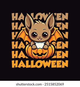 Halloween Bat peeking out from halloween pumpkin - happy halloween