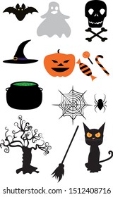 halloween bat pumpkin hat ghost cat spider trees broom stick elements items for halloween design vector isolated