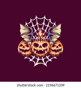 Halloween Bat Pumpkins Retro Illustration