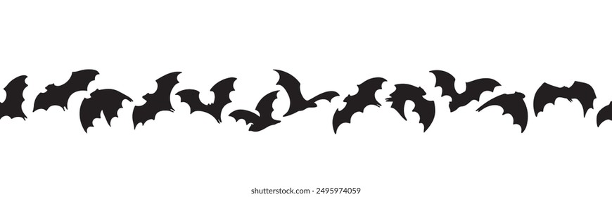 Halloween bat seamless border isolated on white background. Header for letters, websites, mailing lists. Bats for horror night holiday. Halloween black flying vampire bats.