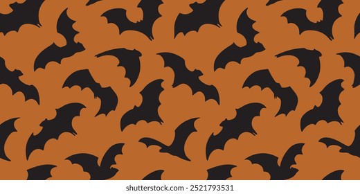 Padrão sem costura de morcego de Halloween. Morcegos para férias noturnas de horror em fundo laranja. Padrão de morcegos vampiros voadores negros de Halloween. Impressão de Halloween para tecido, papel de embrulho, papel de parede, fundo