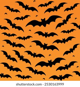 Halloween bat seamless pattern, festive print with flying black bats silhouette on orange background for wrapping paper, fabric, holiday decoration, textile, wallpapers, backgrounds