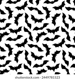 Halloween Bat seamless pattern. Vector Happy Halloween print with flying black bat silhouette on white background. For wrapping, fabric, holiday decoration, textile, wallpapers, backgrounds