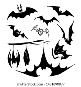 Halloween bat set. A bat hangs on a branch. Halloween silhouette collection Elements for decorating Halloween. Vector icons, sticker.