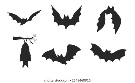 Halloween bat set in silhouette style. Hanging and flying cartoon bats with scary and cute elements. Isolated vector illustration for spooky autumn celebrations.