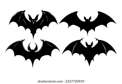 Halloween bat set with wings black silhouette. Halloween retro vector illustration in grunge style. Black outline art.