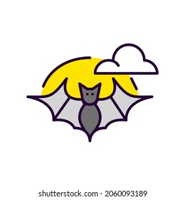  Halloween bat silhouette flying agains the moon. Pixel perfect, editable stroke colorful line art icon