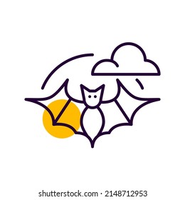  Halloween bat silhouette flying agains the moon. Pixel perfect, editable stroke line icon