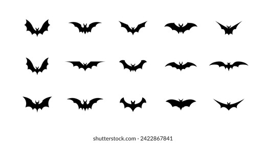 Halloween bat silhouette set isolated on white background. Spooky black horror bat graphic. Vector illustration