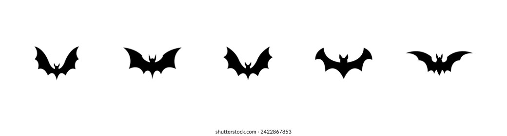 Halloween bat silhouette set isolated on white background. Spooky black horror bat graphic. Vector