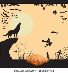 halloween bat silhouette wolf witch pumpkin vector illustration