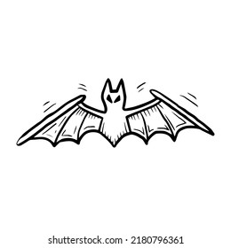 Halloween bat simple doodle vector illustration. Festive October 31 hand drawn single element, scary black and white symbol, Day of the Dead emblem concept design