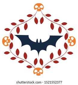 halloween bat with skulls and leafs vector illustration design