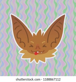 Halloween Bat smiley head with stuck out tongue and closed eyes. Vector illustration of bat-eared brown snout shows fun emotion. Joke emoji. Halloween decoration, print, sticker, chat, communication.