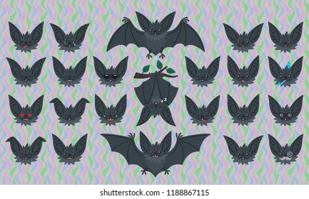 Halloween Bat smiley set. Modern flat animal emoticons. Vector illustration of grey bat in flying, hanging, soaring poses and bat-eared snouts with different emotions on psychedelic background. Emoji.